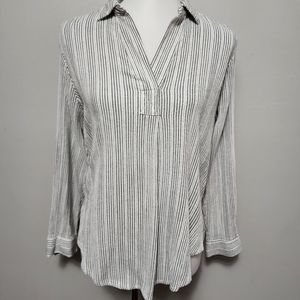 Sonoma White and Black Pinstripe V-Neck Collared Blouse